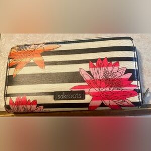 Sakroots Black and White Striped Wallet with Pink and Orange Floral Design